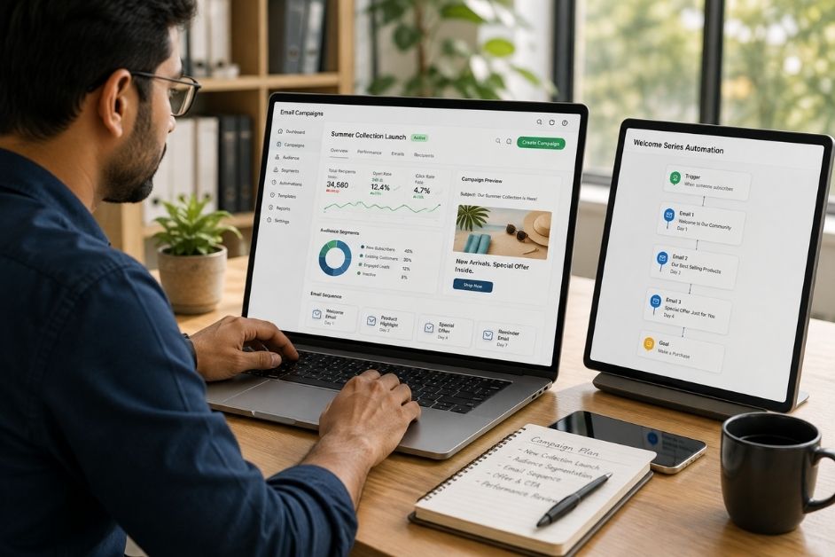 Email marketing strategy with audience segmentation, campaign automation and performance tracking.