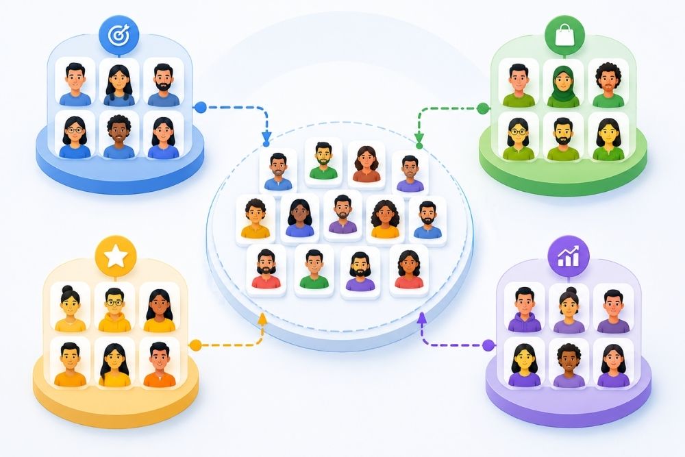 Audience segmentation for Email and WhatsApp marketing using customer profiles, interests, behaviour and journey stages.