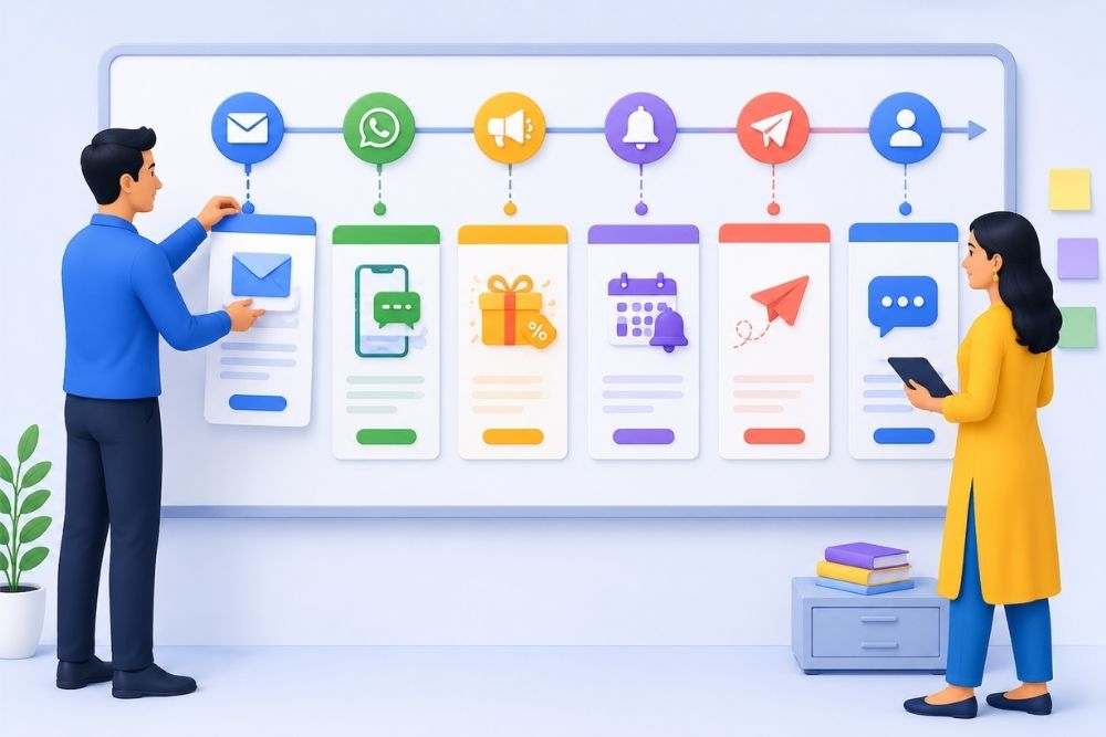 Email and WhatsApp campaign planning across coordinated messages, reminders, promotions and customer journey stages.