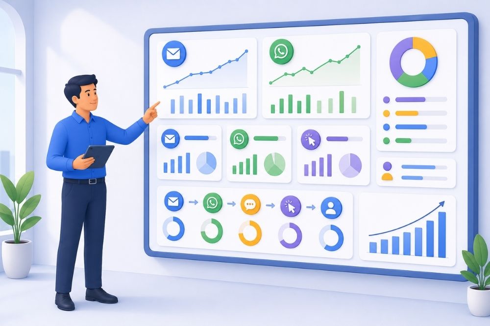 Email and WhatsApp performance tracking showing engagement, responses, clicks and conversion trends.