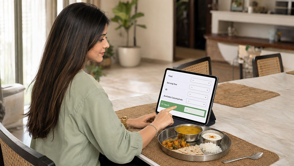 Young Indian woman calculates glycemic load for her meal online.