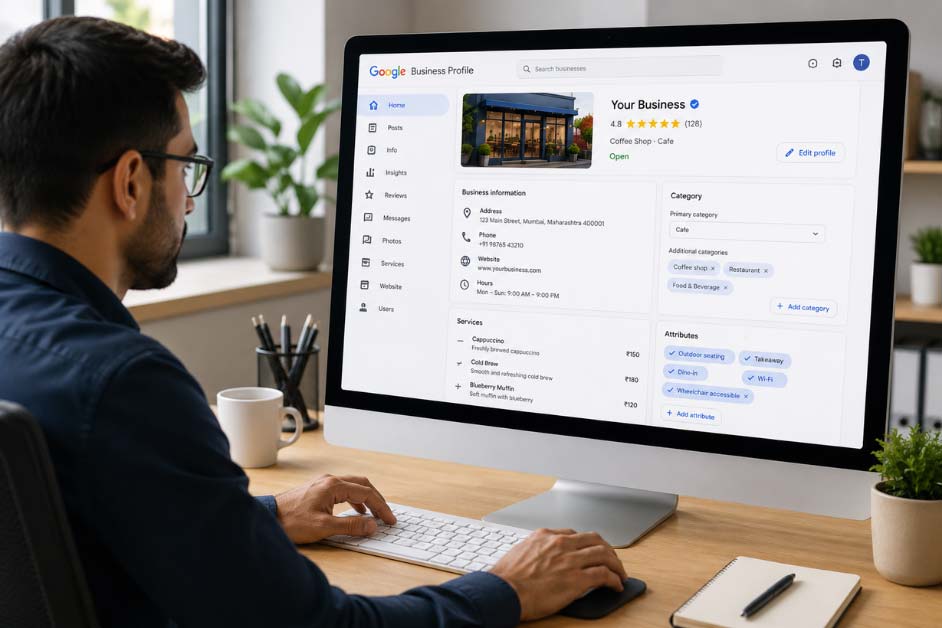 Google Business Profile management dashboard displaying business details categories services and reviews
