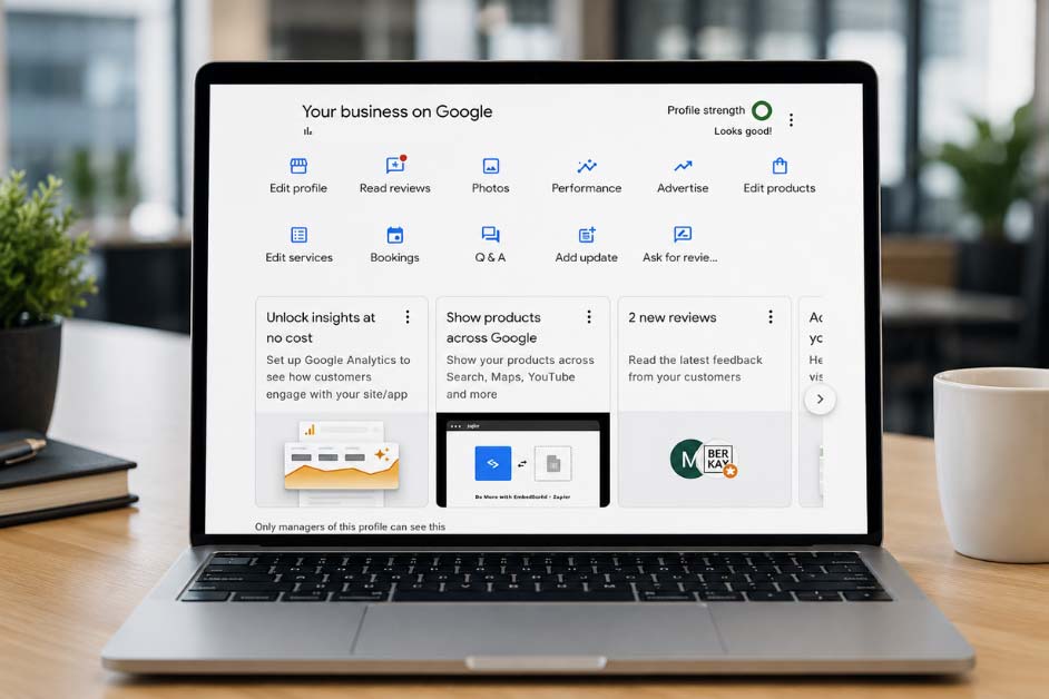 Google Business Profile dashboard displayed on laptop showing profile management and insights