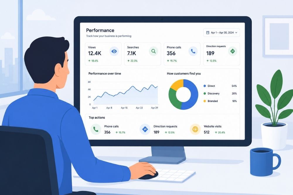 Google Business Profile performance tracking with search visibility, customer actions and profile insights