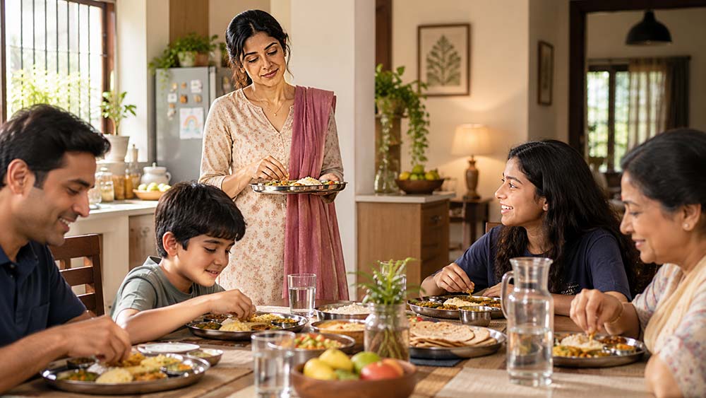 Indian woman prioritising family meals before her own nutrition