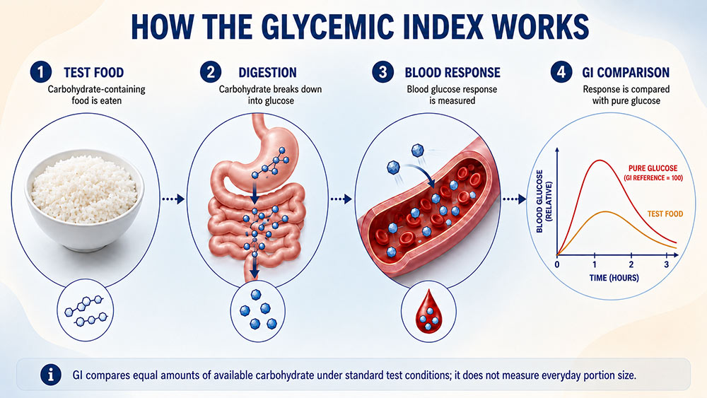 Glycemic index process comparing food response with pure glucose reference