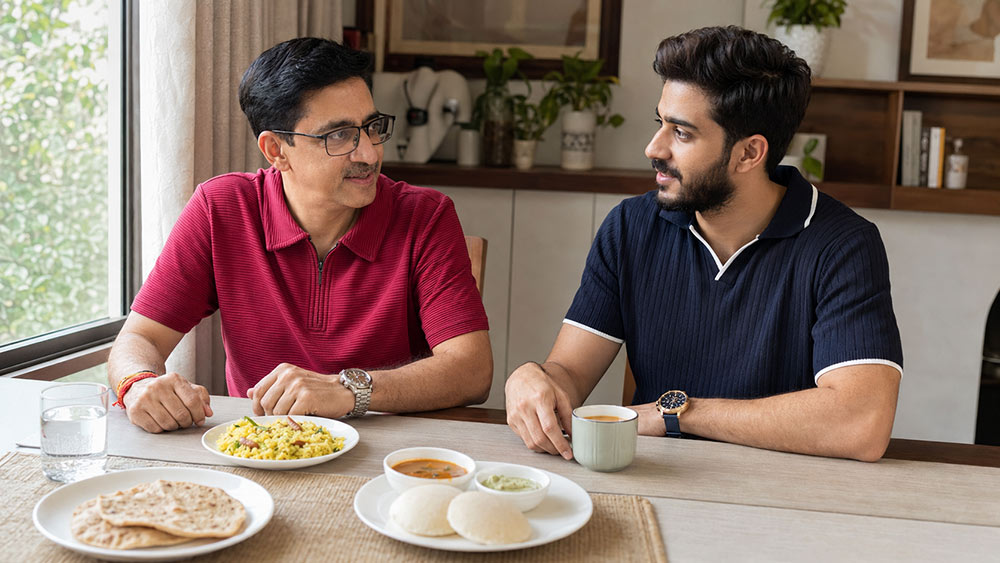 Indian father and adult son comparing breakfast portions at home.