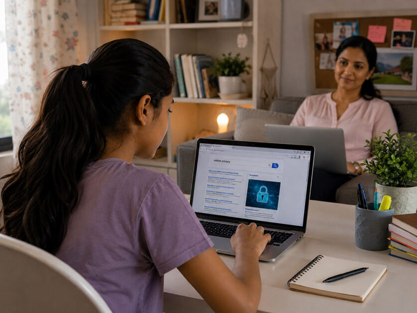 Indian teen browses online while parent provides relaxed supervision nearby