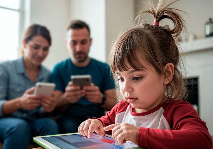 Parents model digital habits while child uses tablet independently