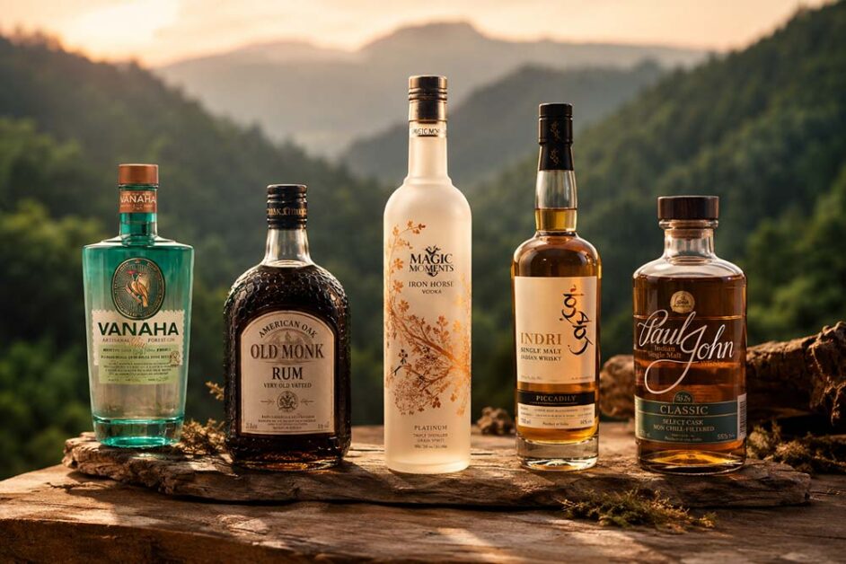Premium Indian craft spirits featuring gin rum vodka whisky bottles