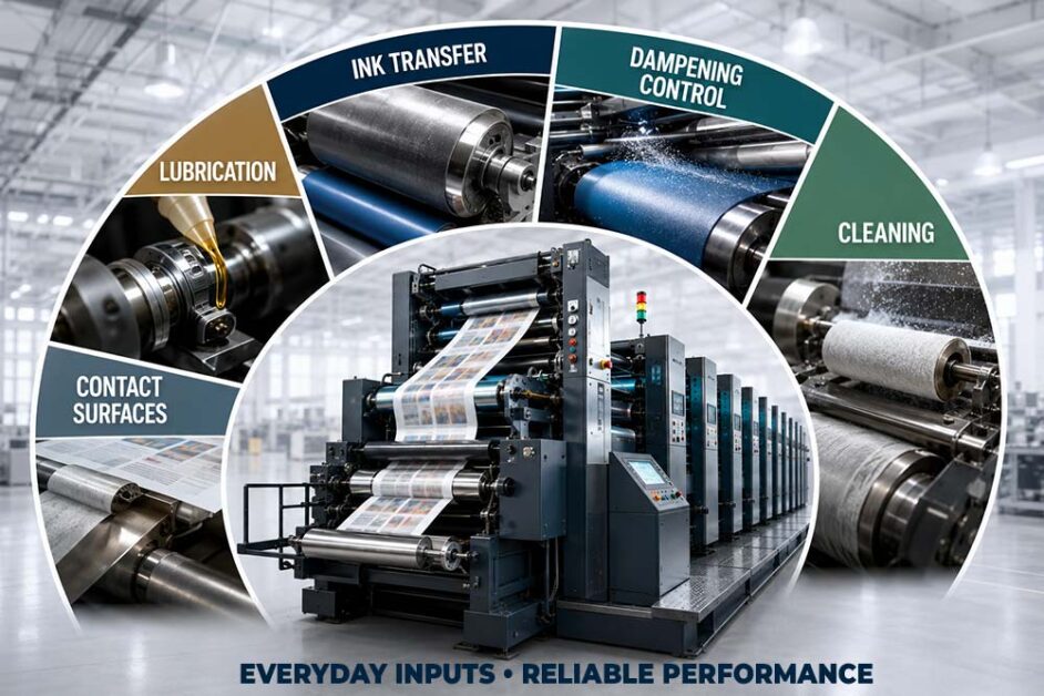 Pressroom consumables supporting printing press performance and operational reliability