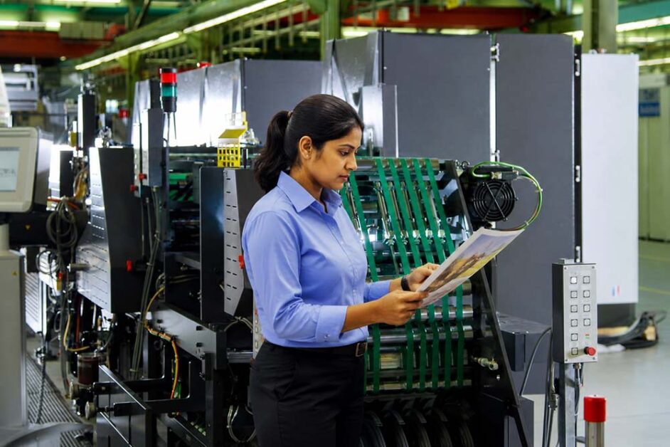 Indian manager inspecting print quality during printing press maintenance operations.