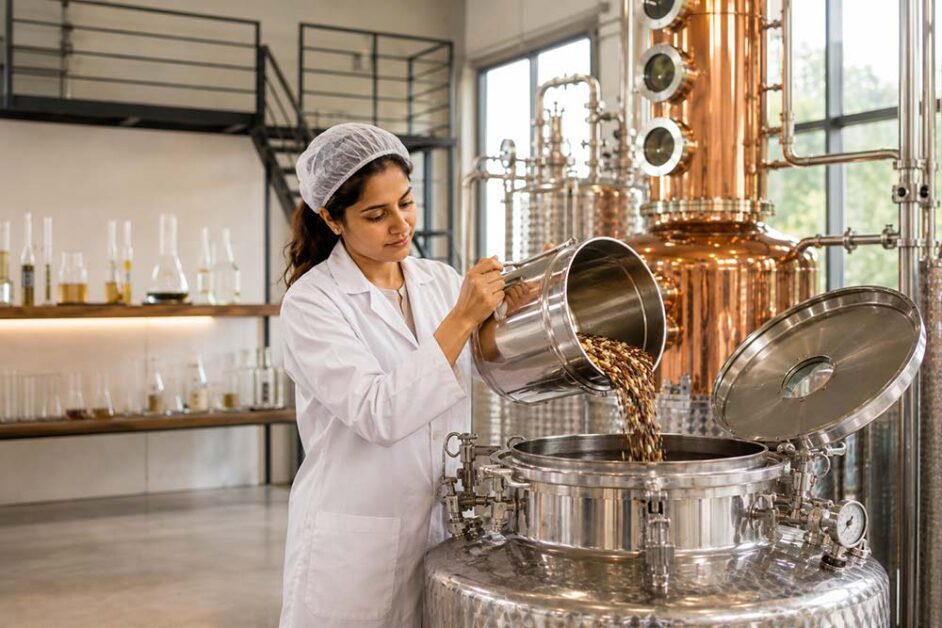 Craft distiller adding native botanicals during premium spirits production process