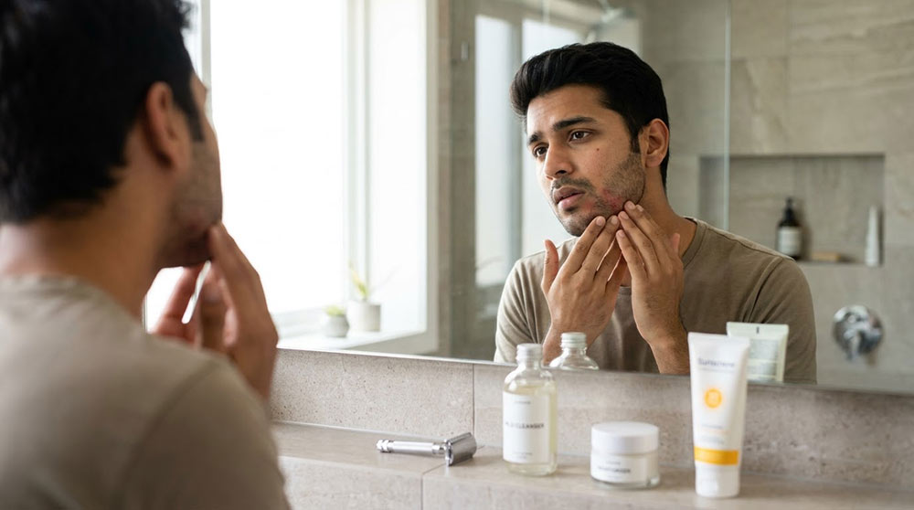 Indian man examining facial skin after shaving in bathroom mirror