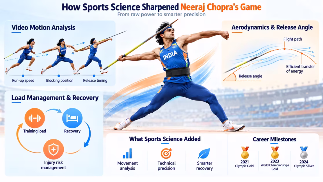 Neeraj Chopra sports science infographic on biomechanics, recovery and performance