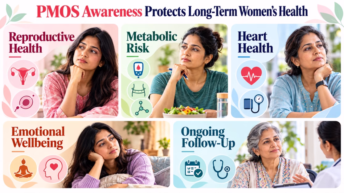 PMOS awareness infographic showing reproductive metabolic heart emotional and follow-up health