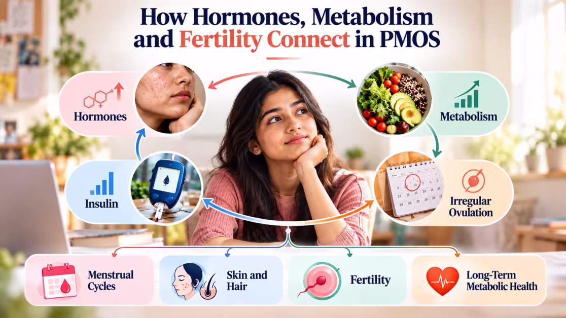 PMOS infographic showing hormones metabolism insulin ovulation and fertility connections