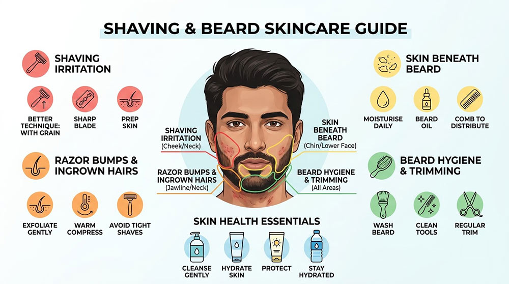 Infographic showing shaving irritation razor bumps beard care essentials clearly