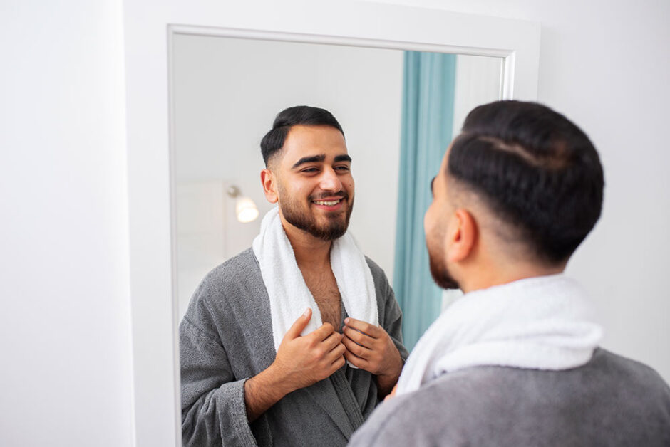Indian man standing beside skincare products in natural morning light