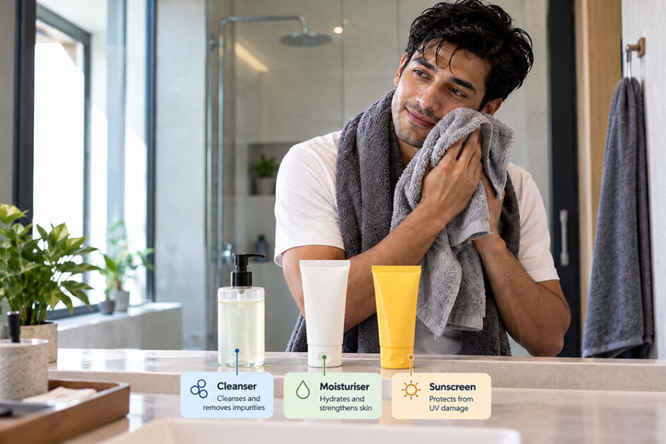 Indian man drying face beside three essential skincare products daily