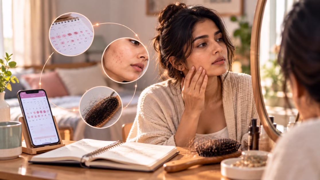 PMOS symptoms can appear across cycles skin hair and energy
