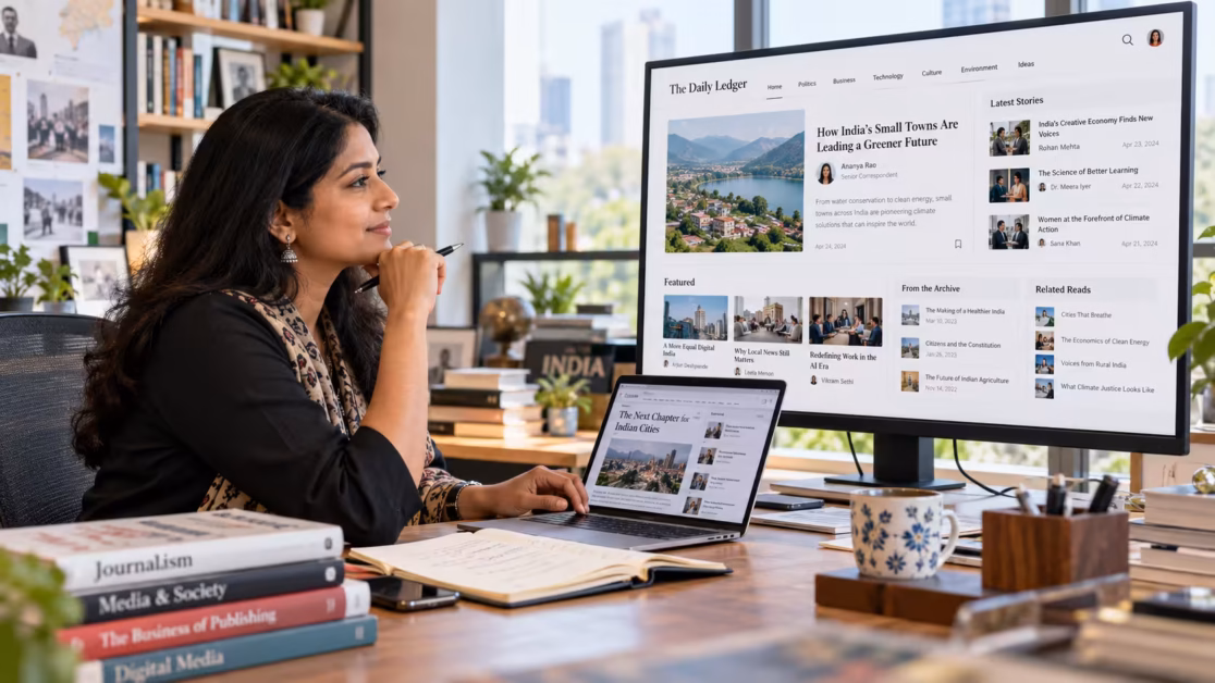 Indian editor reviewing structured digital publication content in modern newsroom.