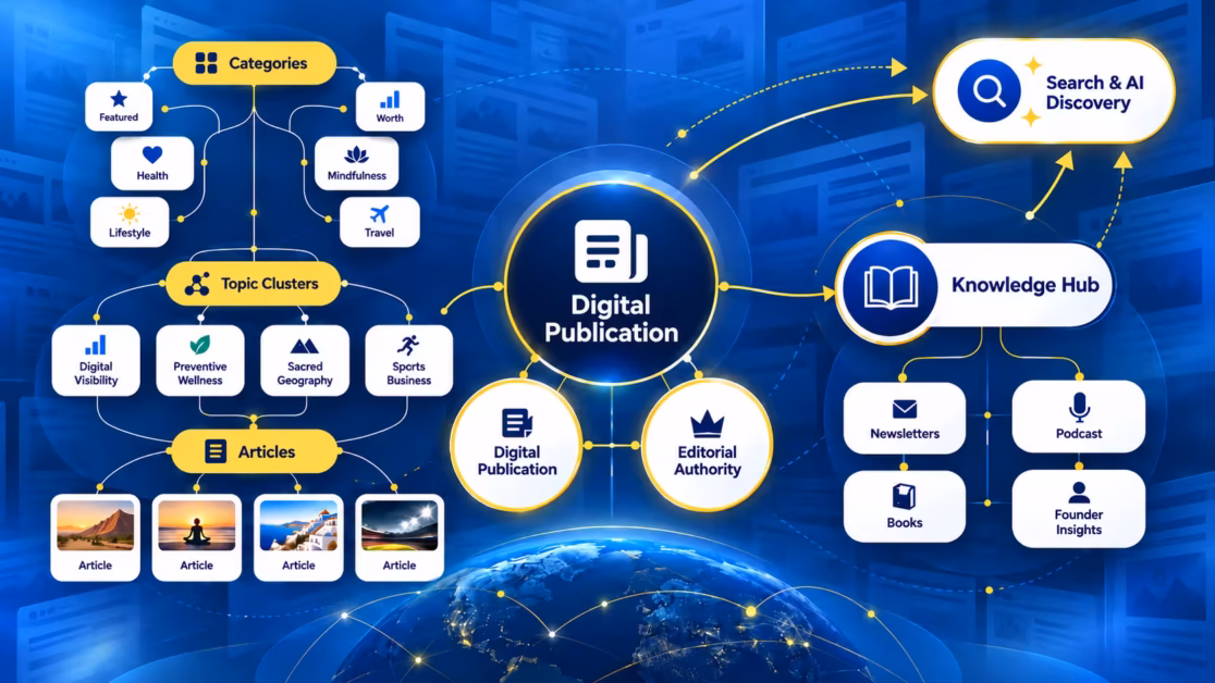 Digital publication ecosystem connects clusters, Knowledge Hub and AI discovery.