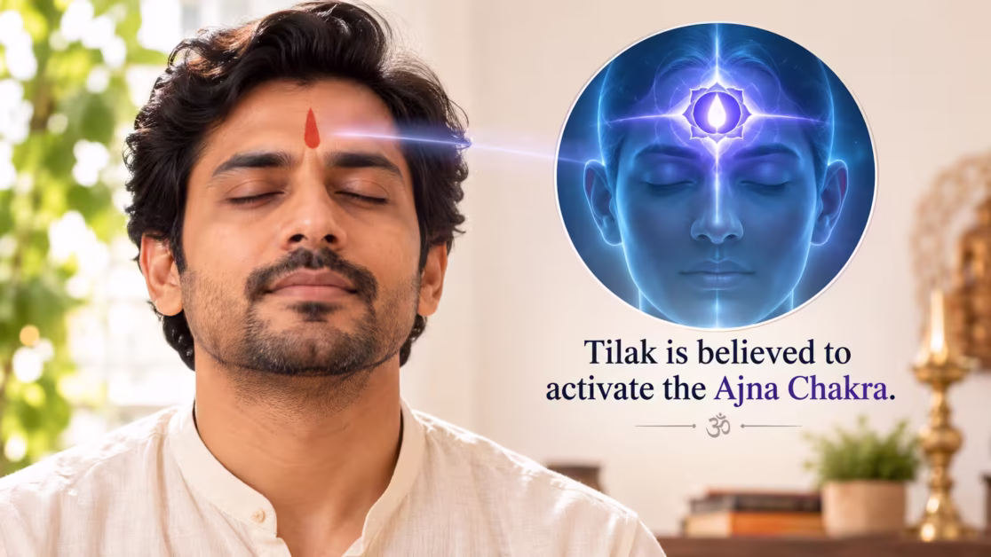 Hindu tilak aligned with Ajna Chakra in devotional meditation practice