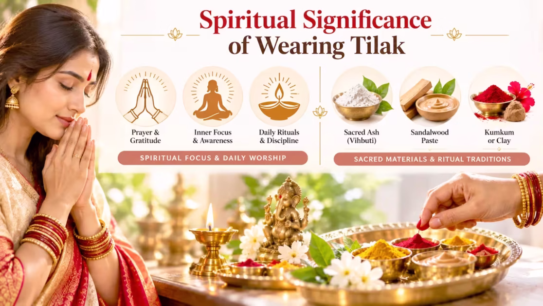 Spiritual significance of Hindu tilak through worship focus and sacred materials
