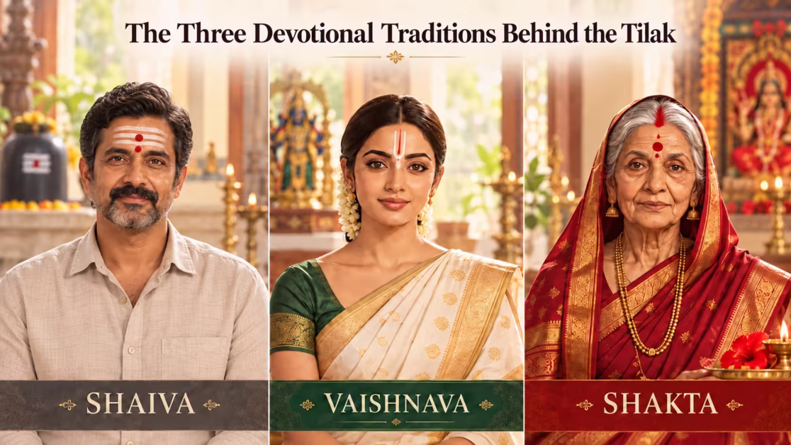 Shaiva Vaishnava and Shakta devotees showing distinct Hindu tilak traditions