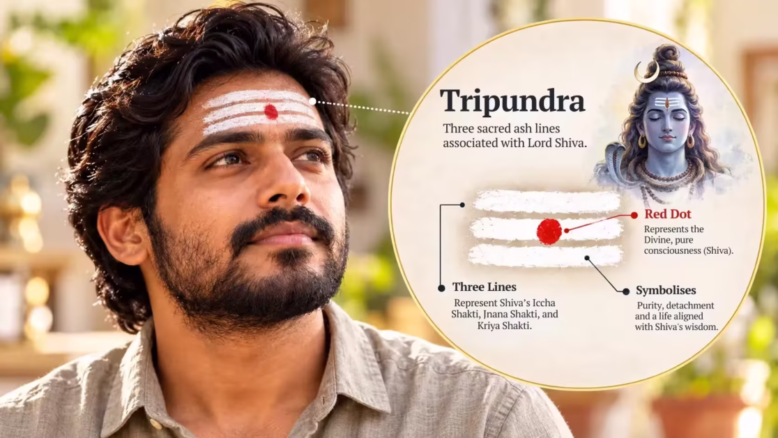 Tripundra Shaiva tilak with vibhuti lines red dot and Shiva
